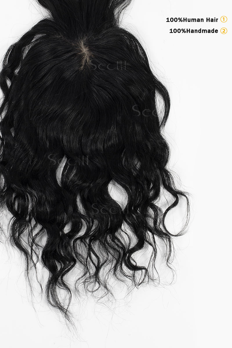 Flavia-C01 Wave Curly Human Hair Toppers with Hair Bangs Dark Black