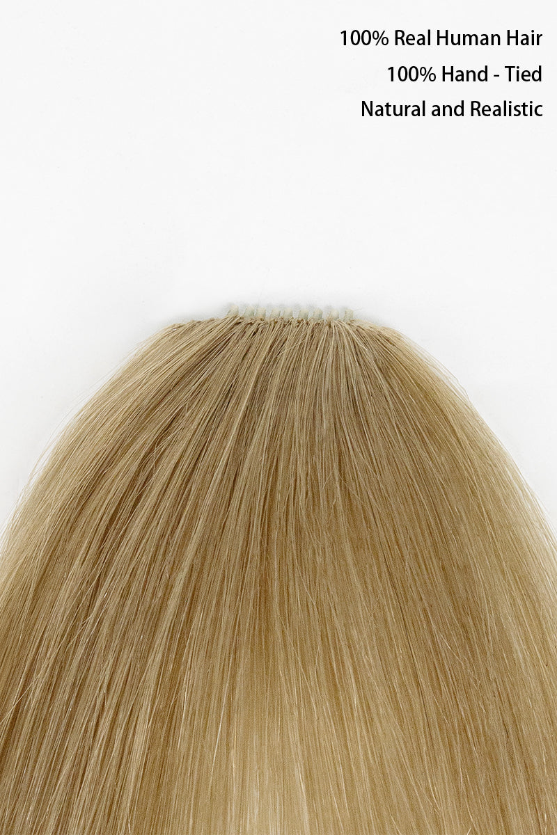 Dark Blonde hair extension with text indicating 100% real human hair and hand-tied quality on a white background.