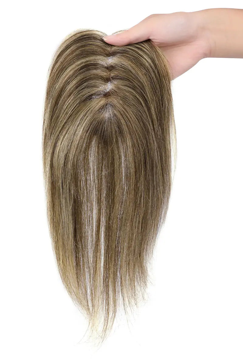 Adorno de cabello humano hecho a mano Mona, castaño medio con reflejos cálidos n.° P4/27