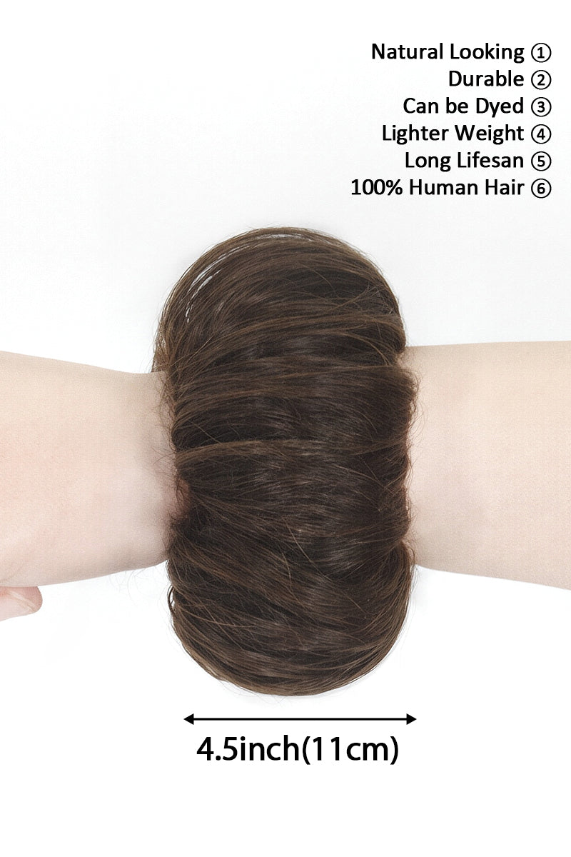 A dark brown synthetic hair extension styled in a high puff bun, shown on a person&