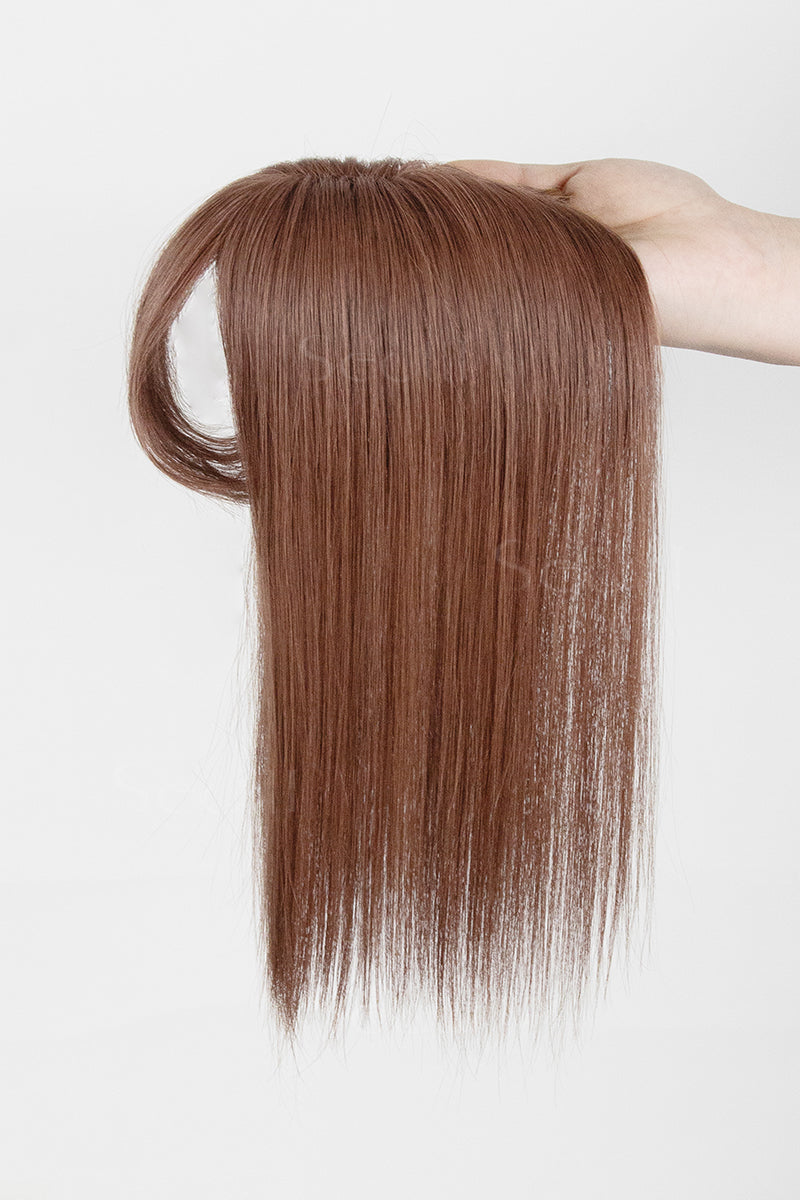 Mona-B Handmade Human Hair Topper with Bangs Dark Auburn Brown