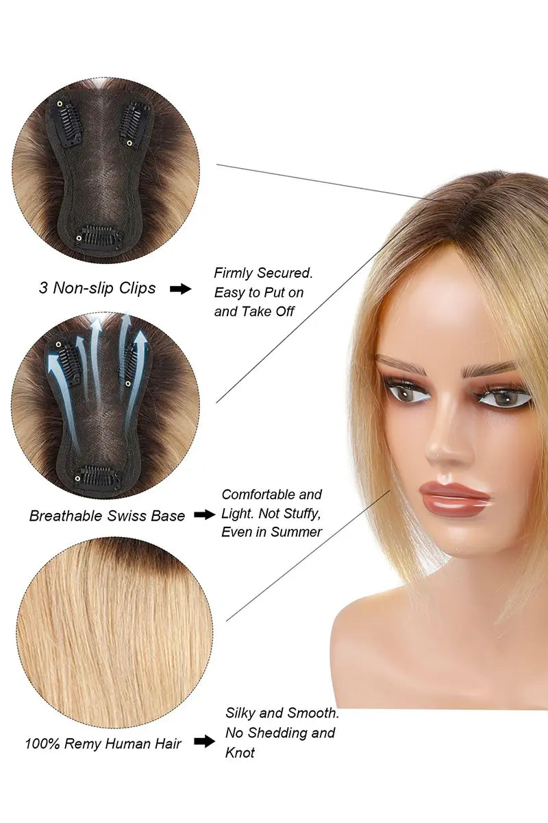 Topper de cabello humano hecho a mano Mona, sombreado en castaño medio