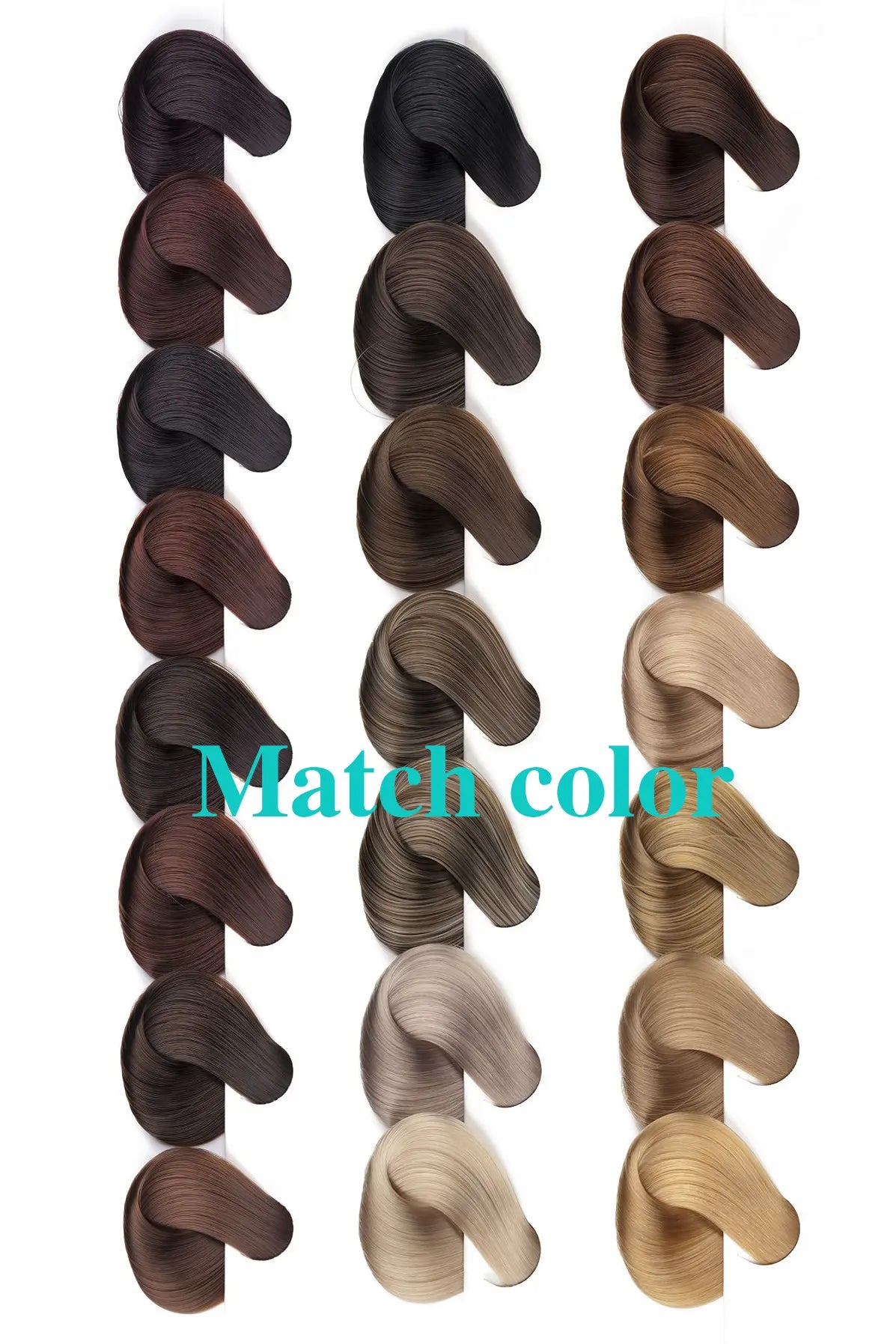 A selection of silk human hair toppers in various colors, with the option to match a custom color. The toppers have a silk top base and appear to show different shades of hair color.