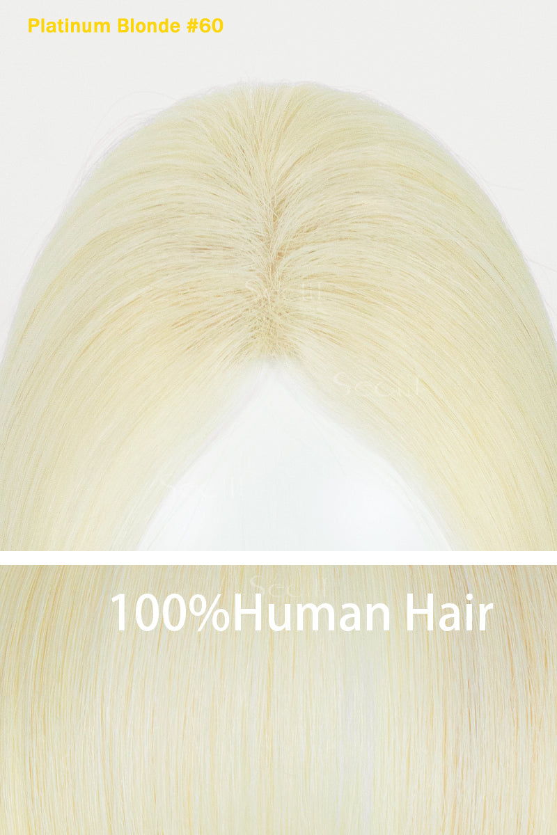 Platinum blonde wig with text indicating 100% human hair and color