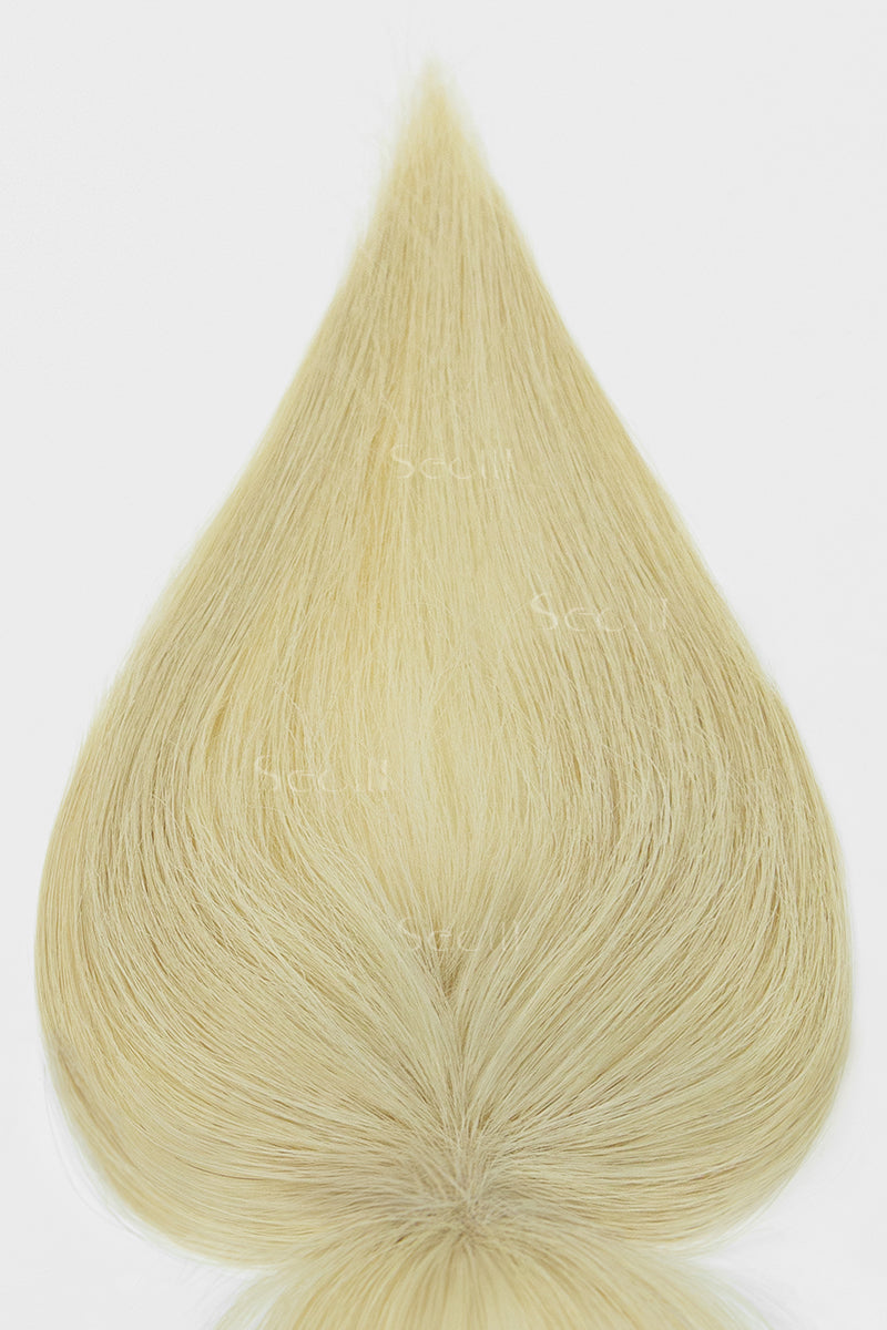 A teardrop-shaped section of straight, light blonde hair on a plain white background, likely a hair swatch or wig sample.