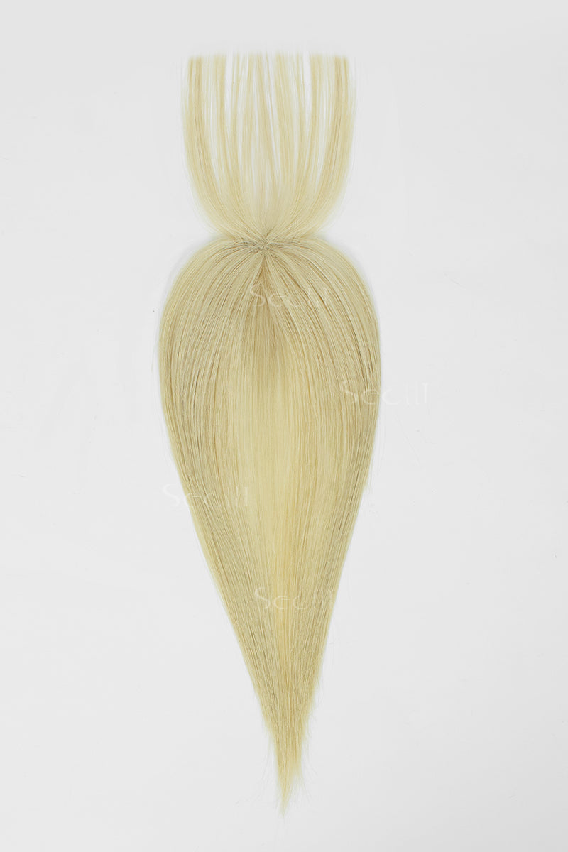 A single synthetic hair extension piece in a light blonde color, shown against a plain white background.