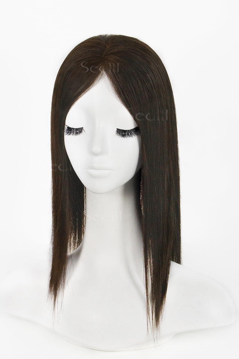 Mannequin head with a Carlin Human Hair Topper Dark Brown