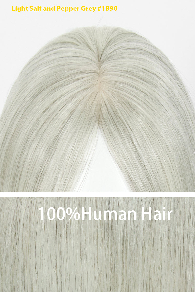 A close-up of a synthetic or human hair extension piece showing a center part, labeled &