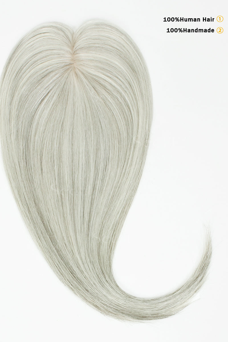A heart-shaped synthetic hair extension piece made of straight, silky-looking light ash blonde hair, shown on a plain white background with text in the top right reading &