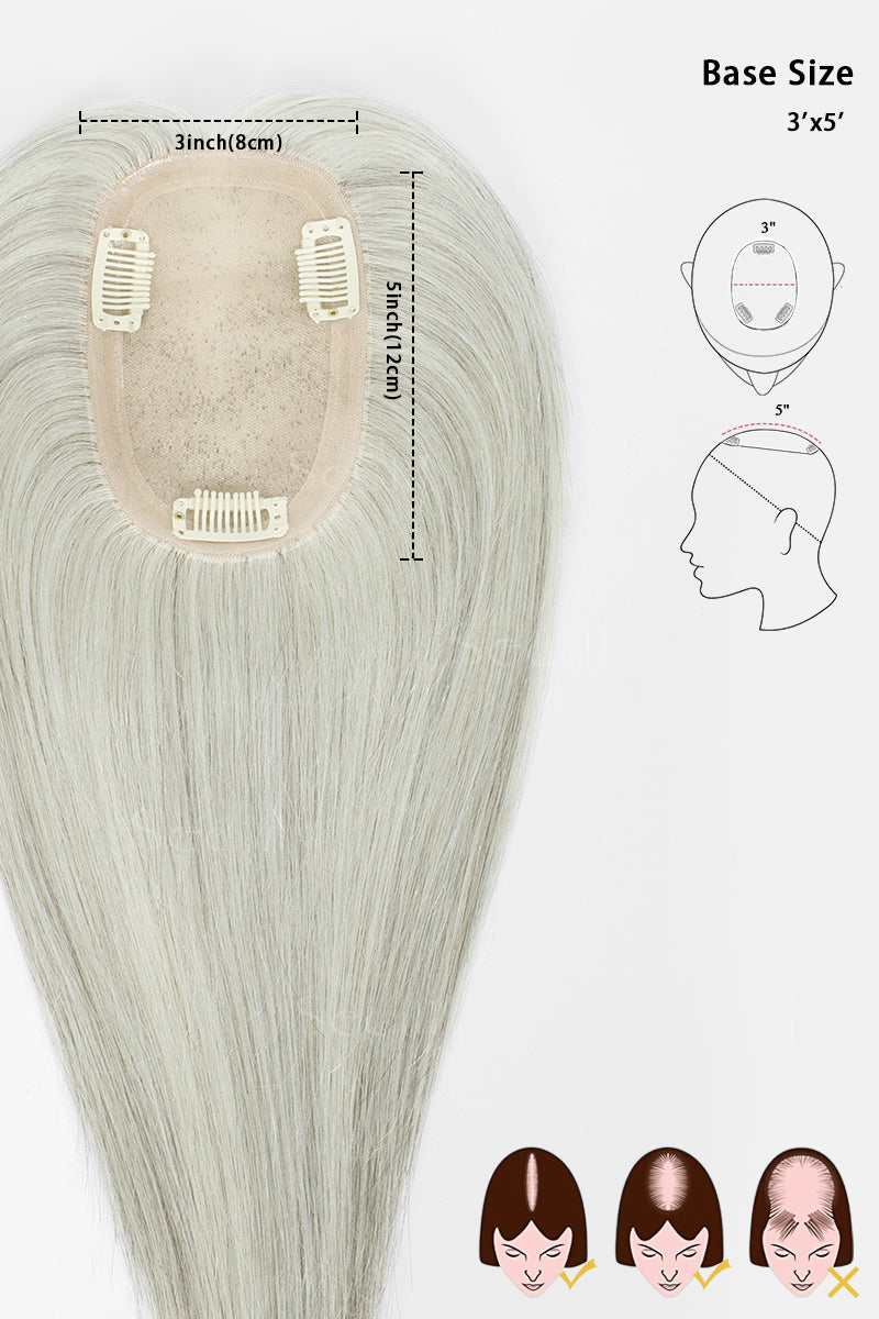 A long straight synthetic hair extension piece with a light ash blonde base and darker gray ends, shown with measurement callouts and small instructional diagrams for base size and part styling on a white background.