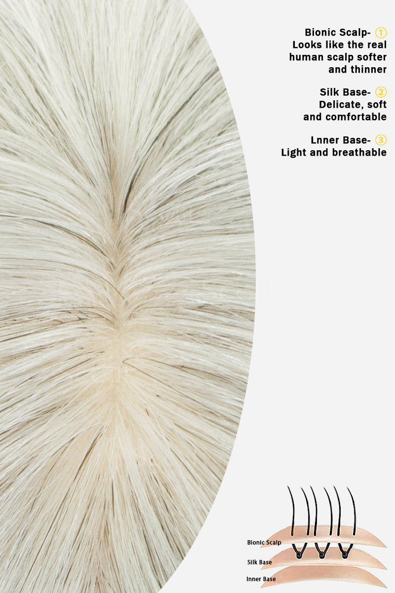 Close-up of a bionic hair extension showing its light beige and white synthetic hair texture, with descriptive text on the right and a small diagram at the bottom illustrating how it looks under a hairline.