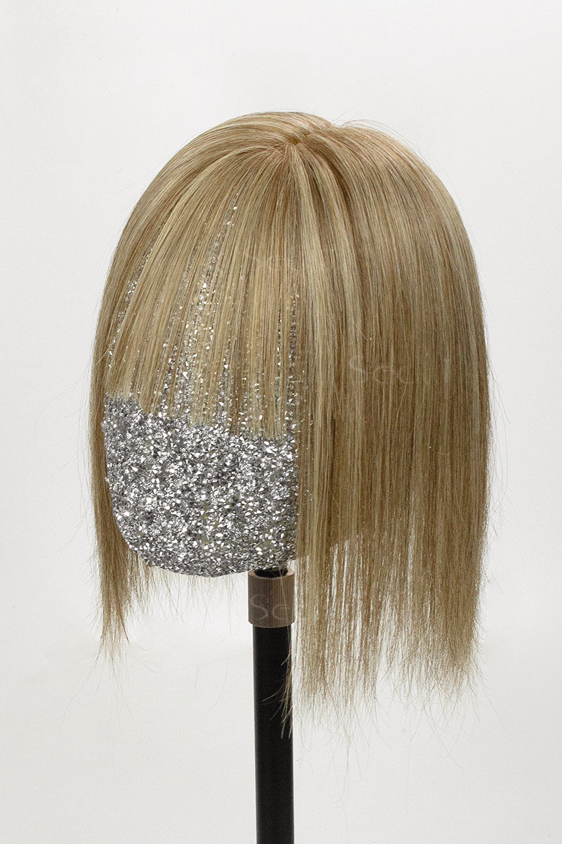 Flavia-B Silk Top Remy Human Hair Topper with Bangs Golden Brown Bleach Blonde
