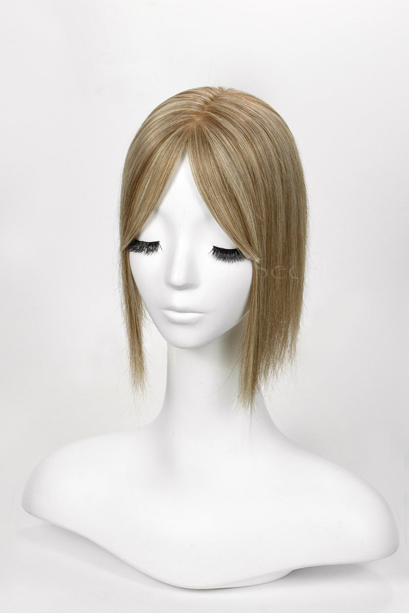 Flavia-B Silk Top Remy Human Hair Topper with Bangs Golden Brown Bleach Blonde