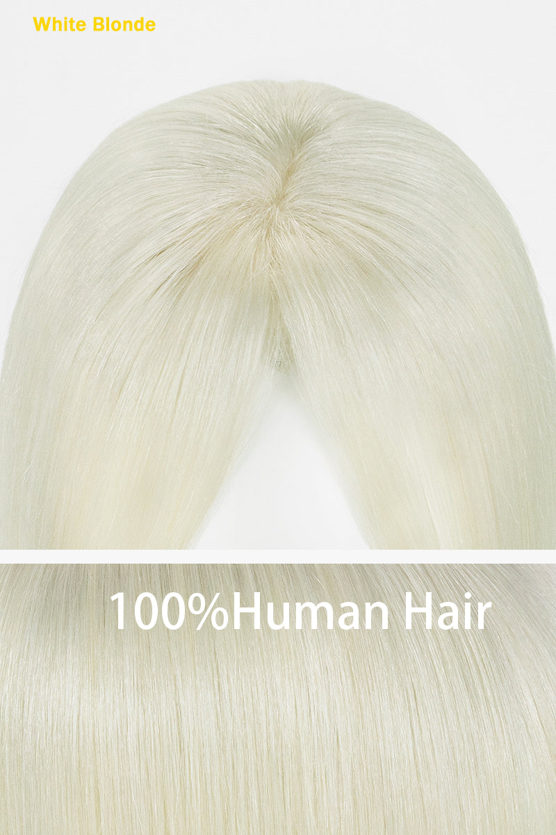 White blonde wig labeled as 100% human hair on a white background