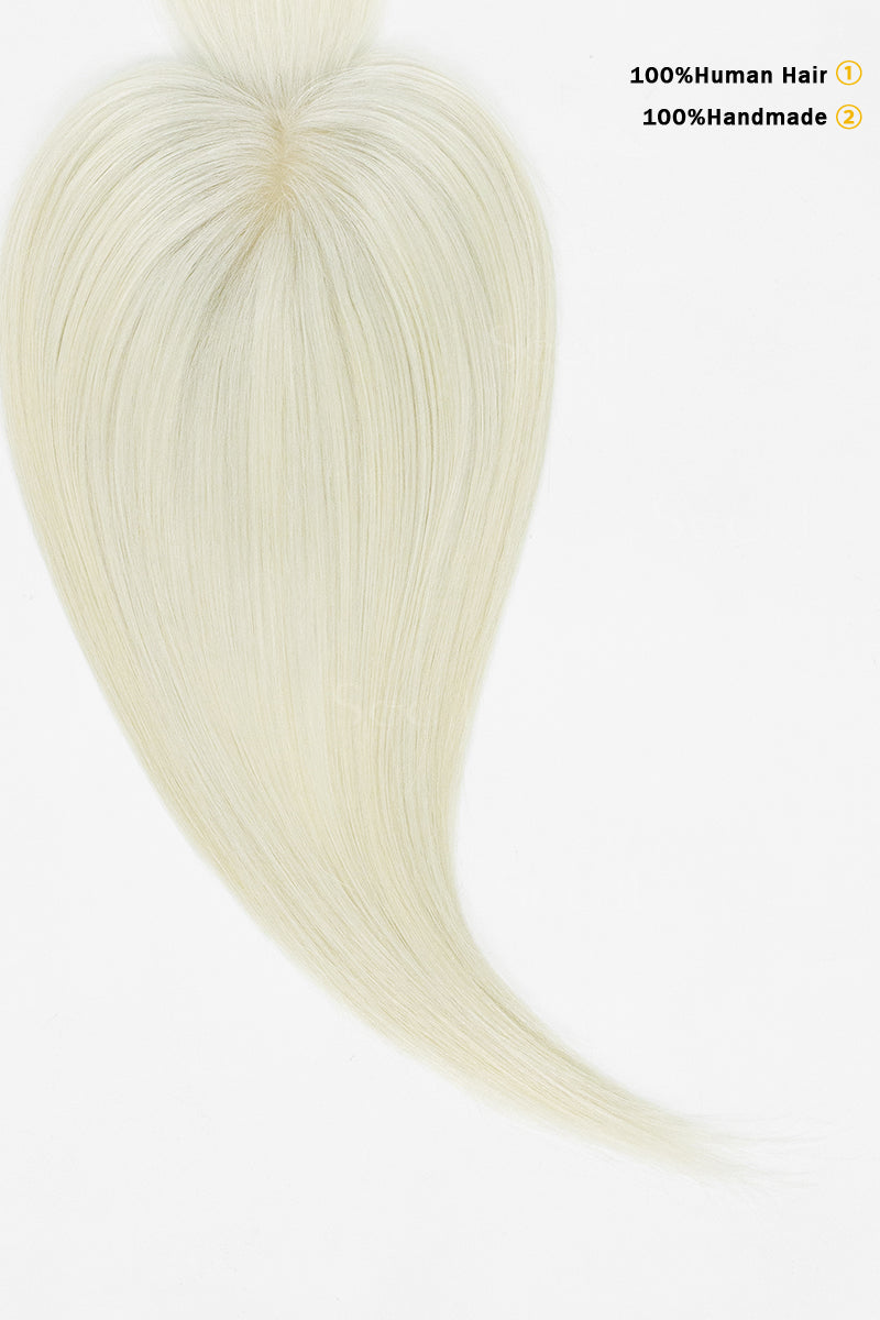 Blonde hair extension on a white background with text indicating &