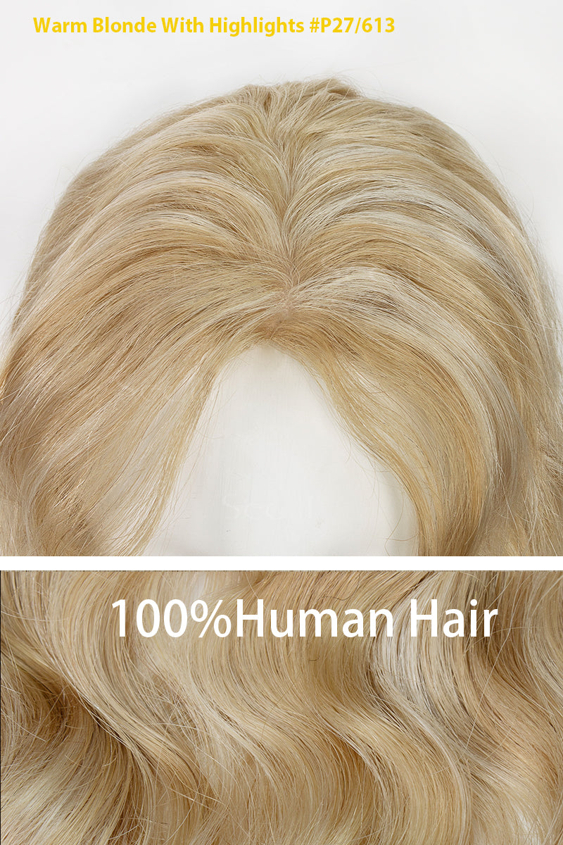 Flavia-C02 Wave Curly Human Hair Toppers No Bangs (Blonde and Highlights)
