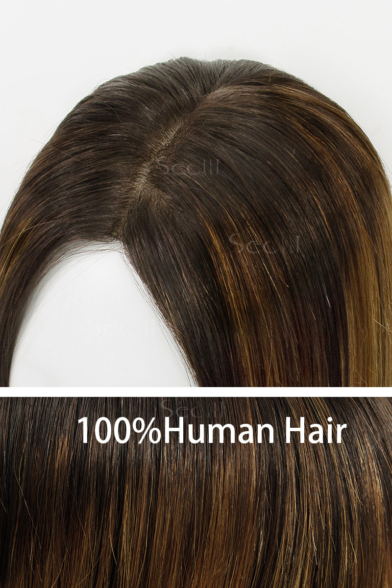 Topper de Cabello Humano Remy con Base de Seda Flavia | Raíz de Negro Natural con Negro Natural/Perú