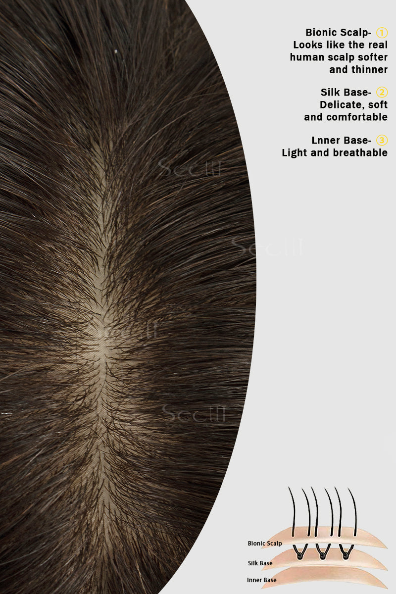Topper de Cabello Humano Remy con Base de Seda Flavia | Raíz de Negro Natural con Negro Natural/Perú