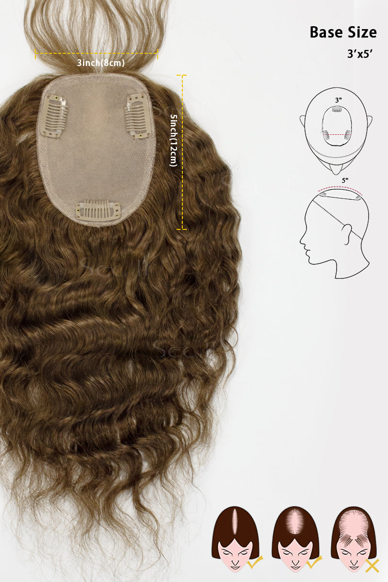 Flavia-C01 Wave Curly Human Hair Toppers with Hair Bangs Medium Ash Brown