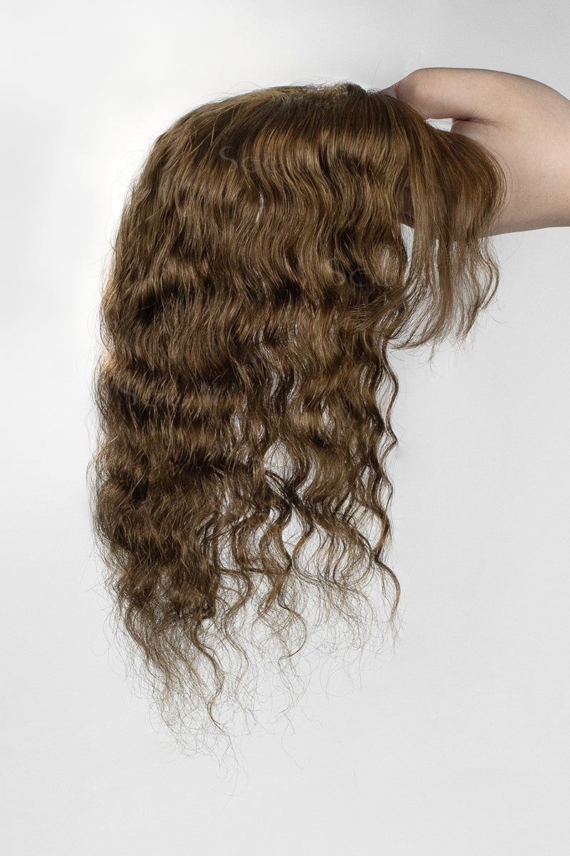 Flavia-C01 Wave Curly Human Hair Toppers with Hair Bangs Medium Ash Brown