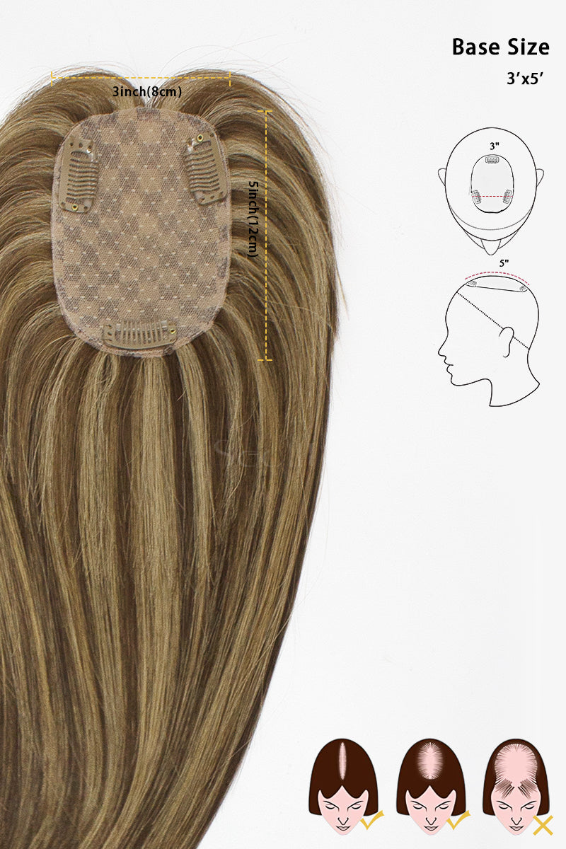 Topper de Cabello Humano Remy con Base de Seda Flavia | Marrón Medio con Reflejos Cálidos