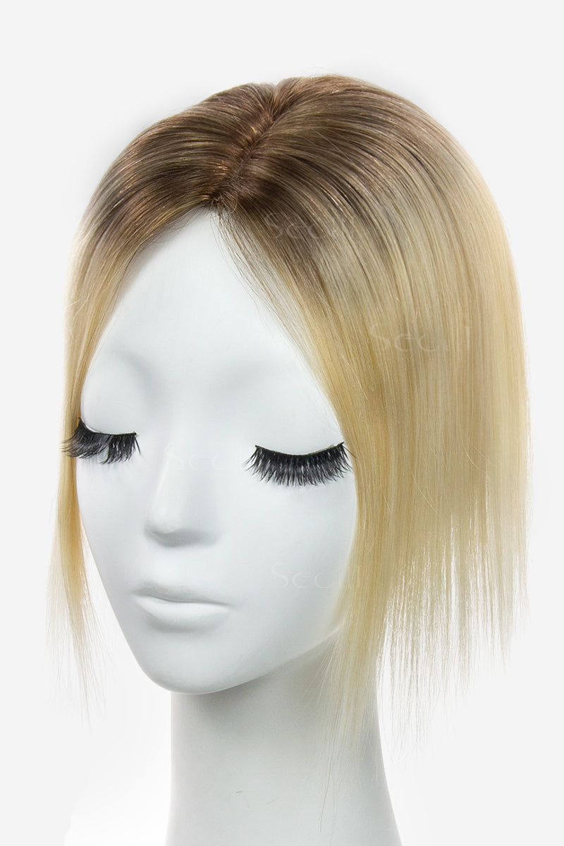 Topper de Cabello Humano Remy con Base de Seda Flavia | Rubio Claro con Reflejos