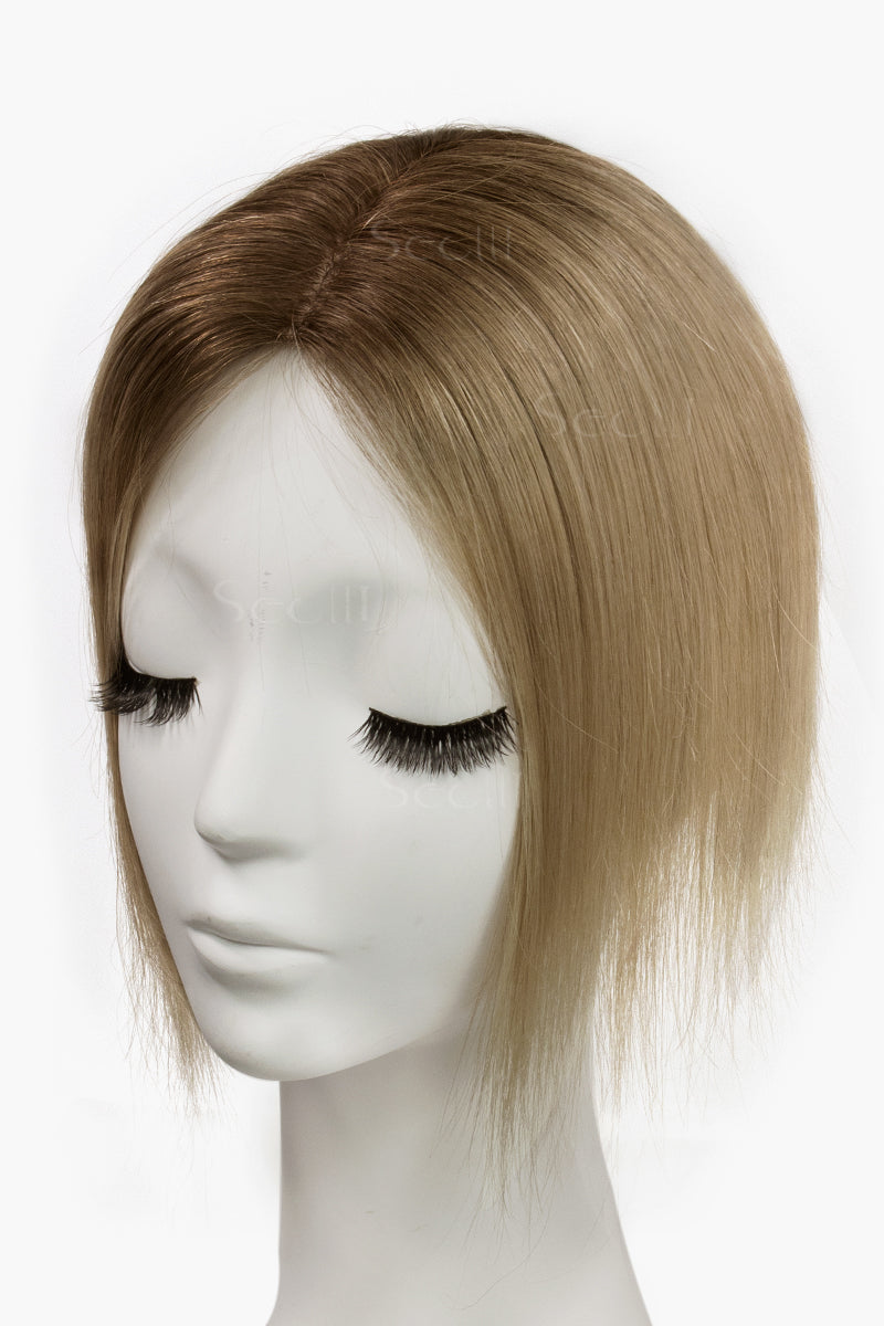 Topper de Cabello Humano Remy con Base de Seda Flavia | Bicolor Marrón Medio/Rubio Oscuro