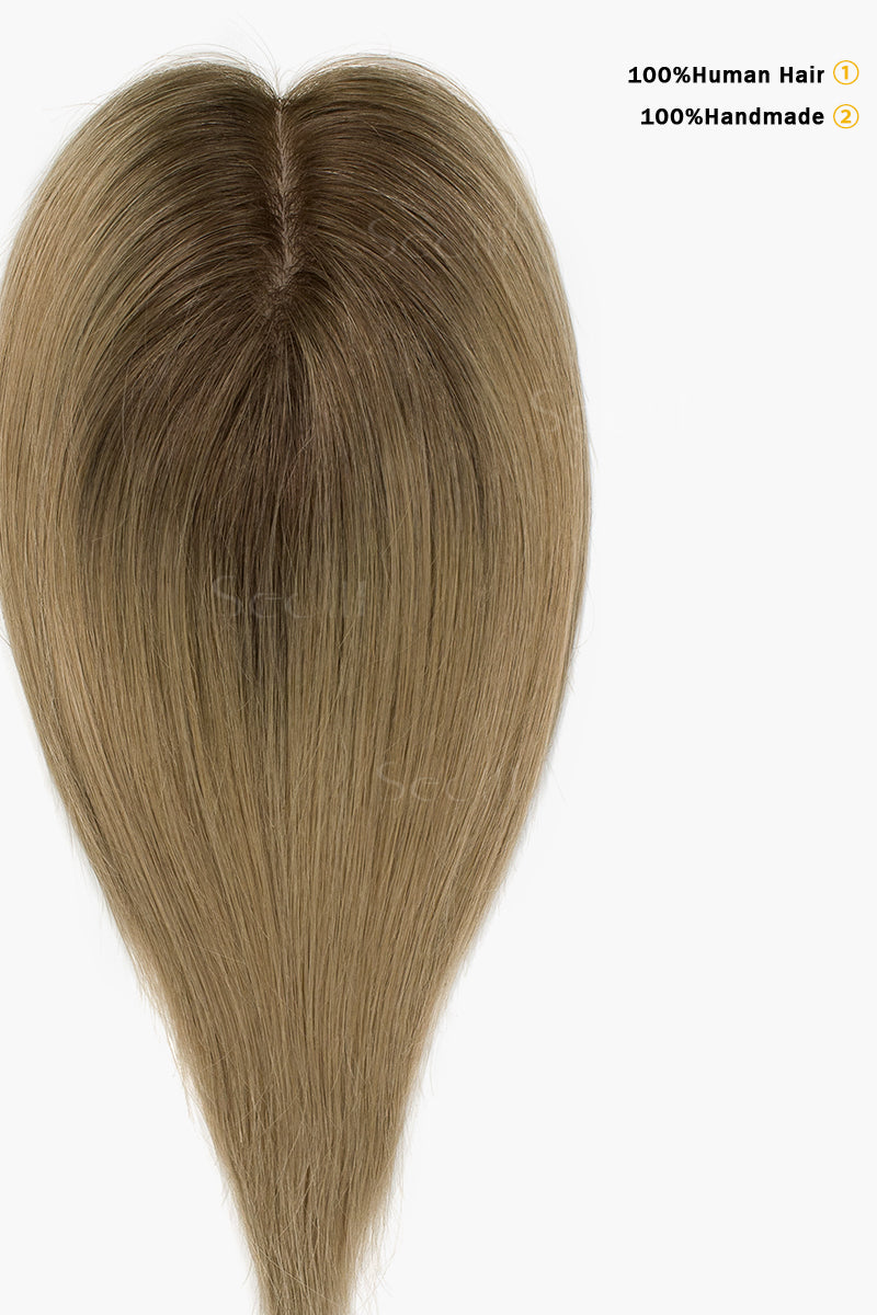 Topper de Cabello Humano Remy con Base de Seda Flavia | Bicolor Marrón Medio/Rubio Oscuro
