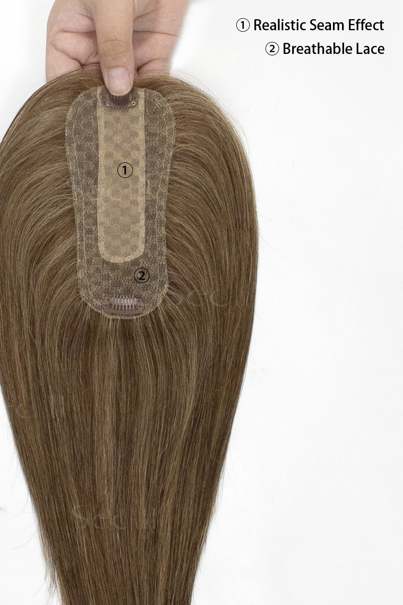 Hair topper with breathable lace and realistic seam effect on a white background