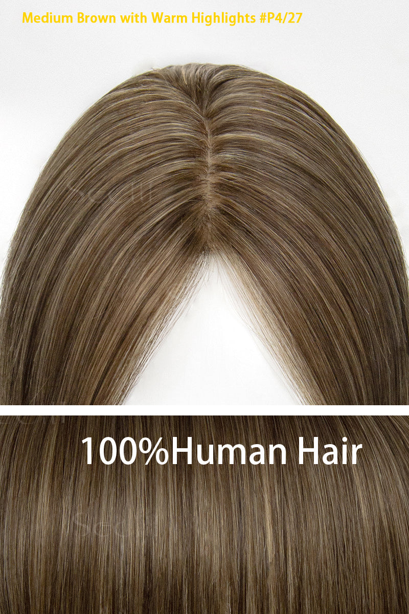 100% human hair with medium brown color and warm highlights on a white background.