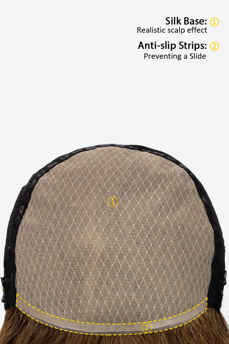 Back view of a wig cap with text on silk base and anti-slip strips.