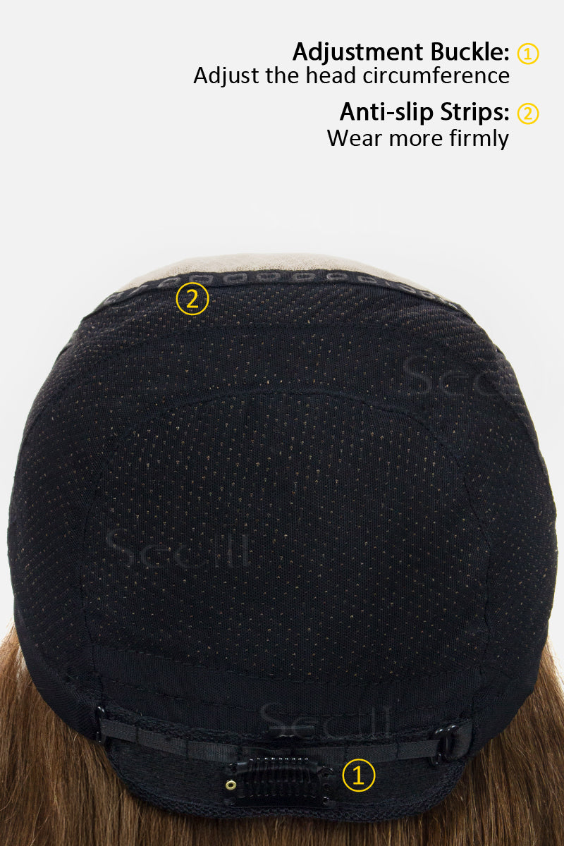 Back view of a wig cap with adjustment buckle and anti-slip strips labeled.