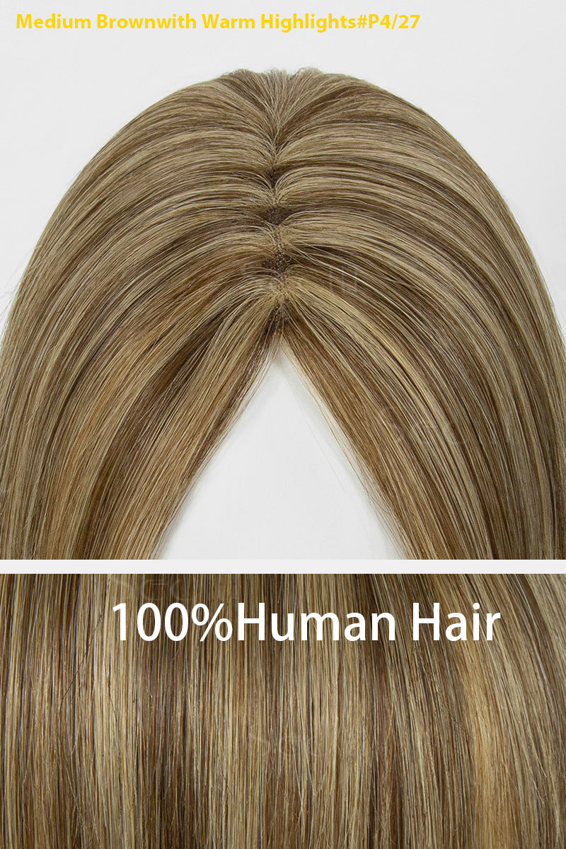 Mona-B Handmade Human Hair Topper with Bangs Medium Brown with Warm Highlights