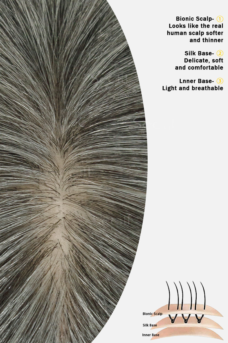 Medium grey hair topper parting close-up with a diagram of the scalp-effect layer and silk base construction.