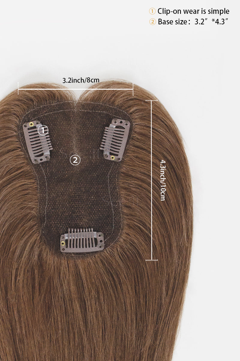 Brown clip-in hair extensions with three metal clip attachments on a white background, annotated with dimensions and simple usage notes.