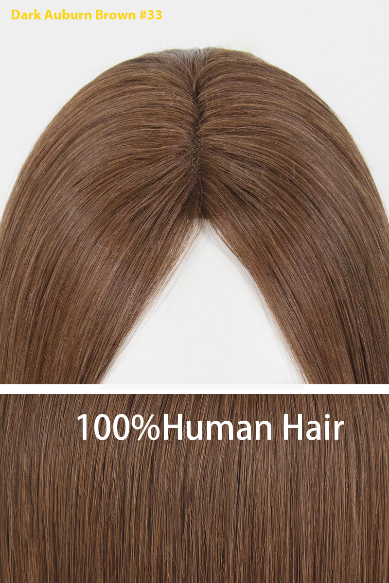 A close-up of a straight wig or hair extension showing a deep center part, labeled &