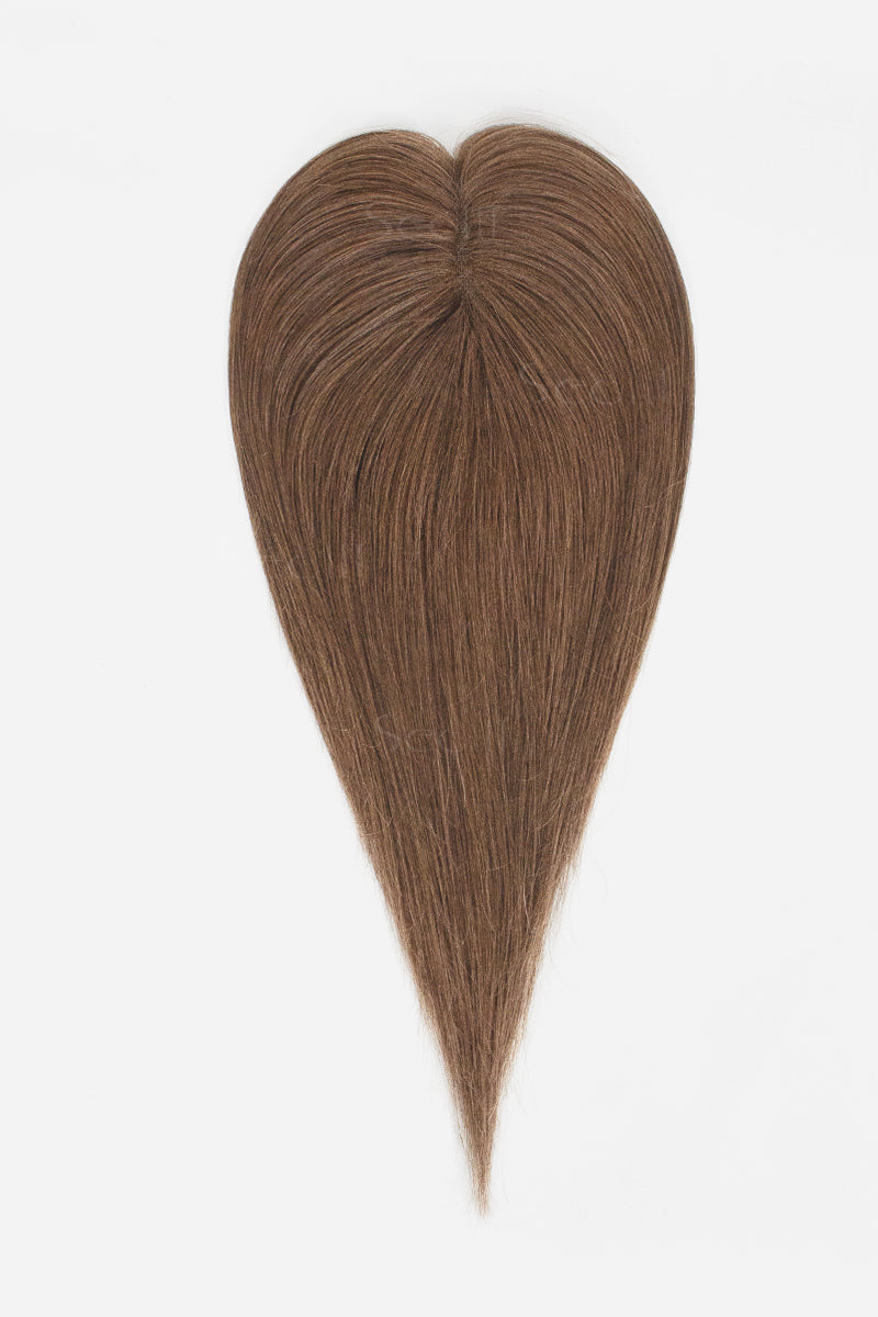 A heart-shaped hair extension piece with straight, medium brown hair, displayed against a solid white background.