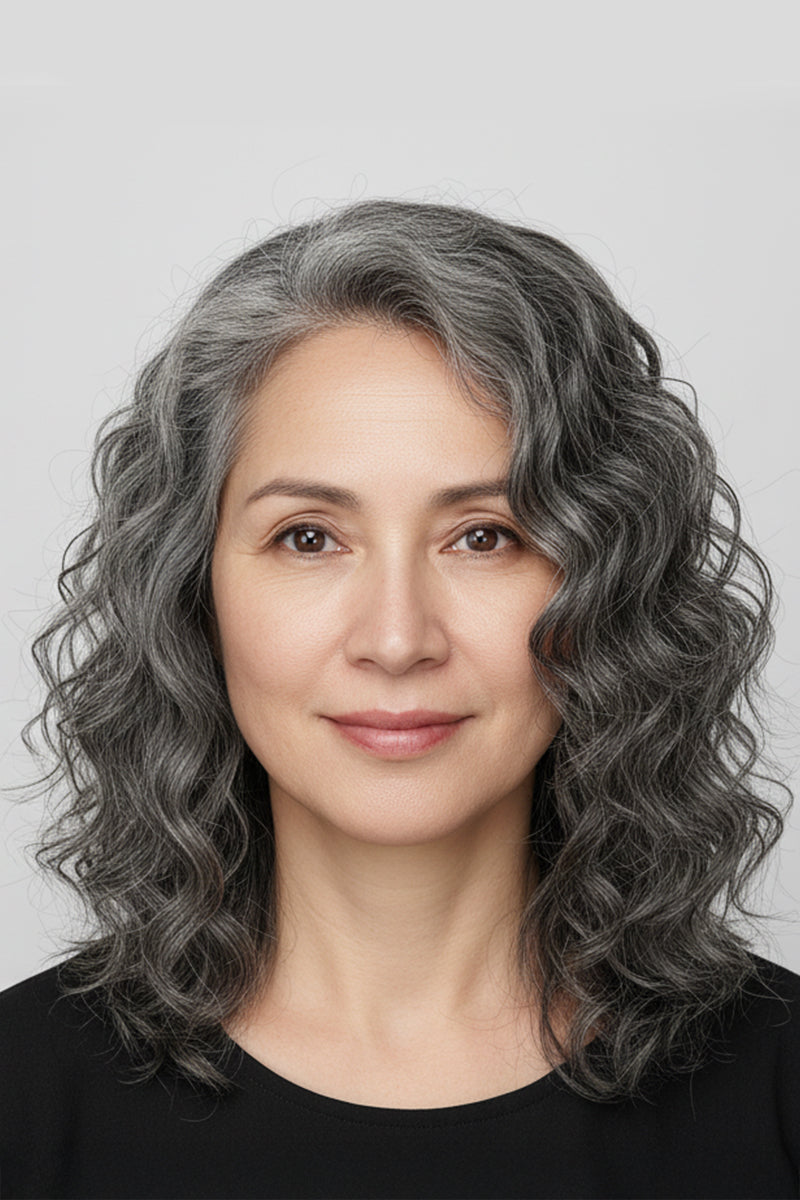 Woman with gray hair against a plain background