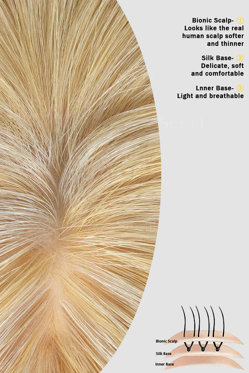 Close-up of Metis Human Hair Toppers Crown Topper with Bangs Ash Blonde Bleach Blonde