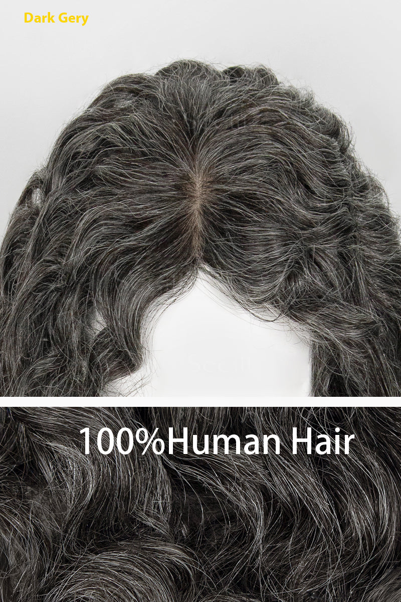 Dark gray wig on a mannequin head with text indicating 100% human hair.