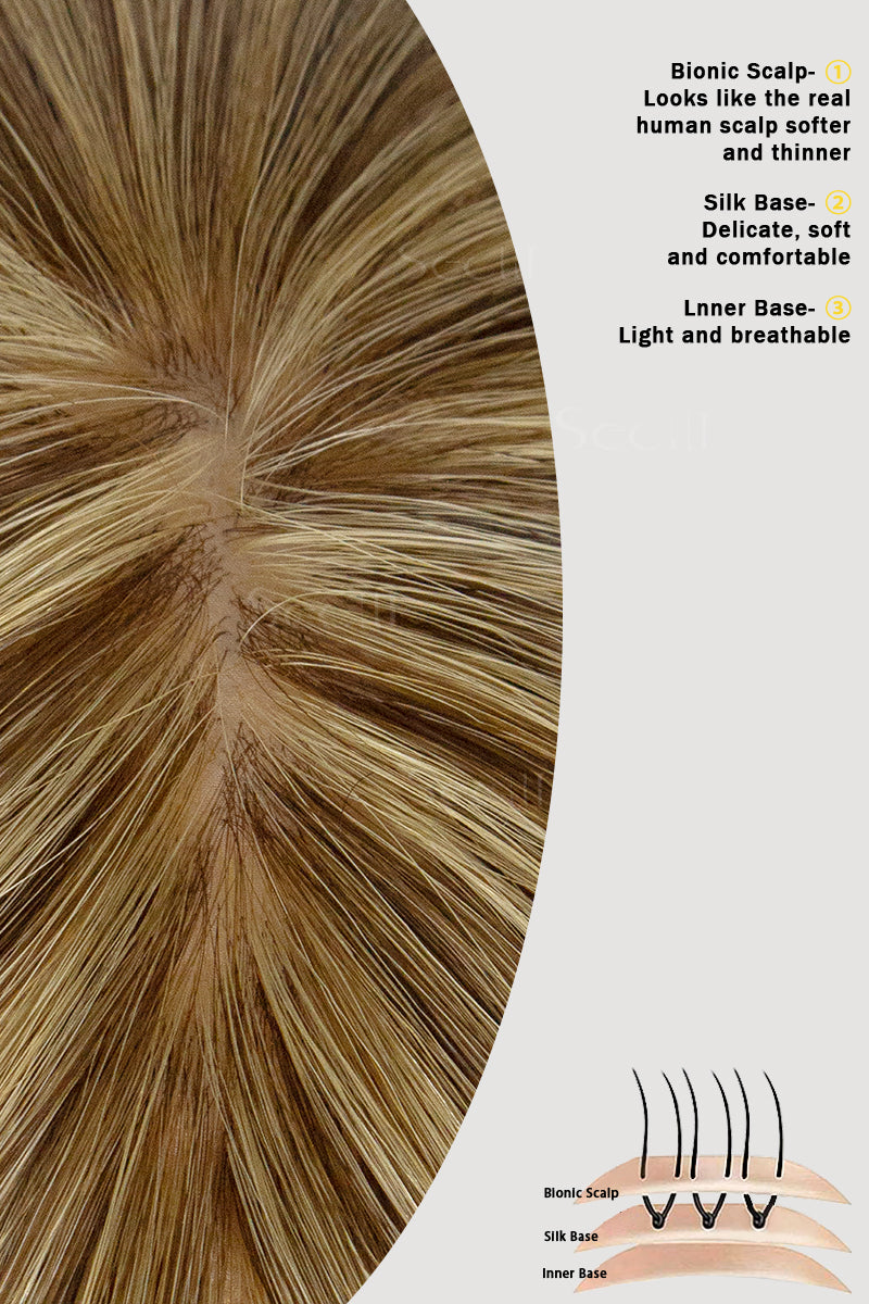 Close-up of synthetic hair with text describing features on a white background