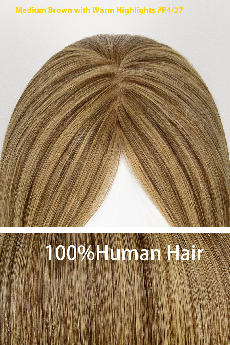 Blonde hairpiece with warm highlights on a white background, labeled as 100% human hair.