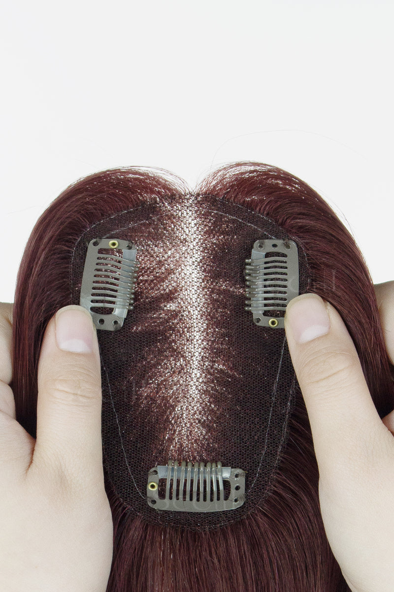 Mona-B Handmade Human Hair Topper with Bangs Wine Red