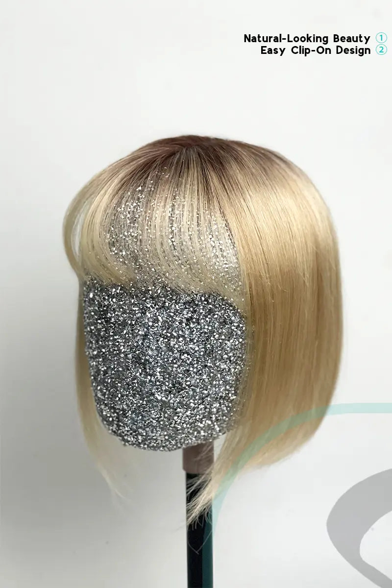 Mona-B Handmade Human Hair Topper with Bangs Light Blonde with Highlights