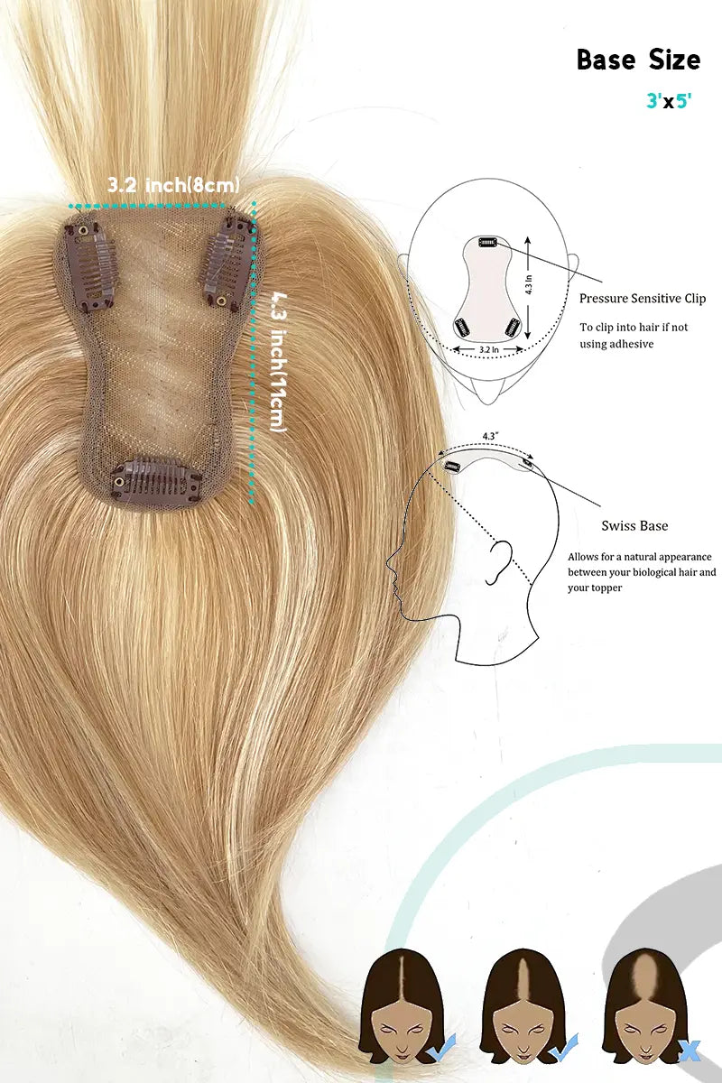 Mona-B Handmade Human Hair Topper with Bangs Warm Blonde with Highlights