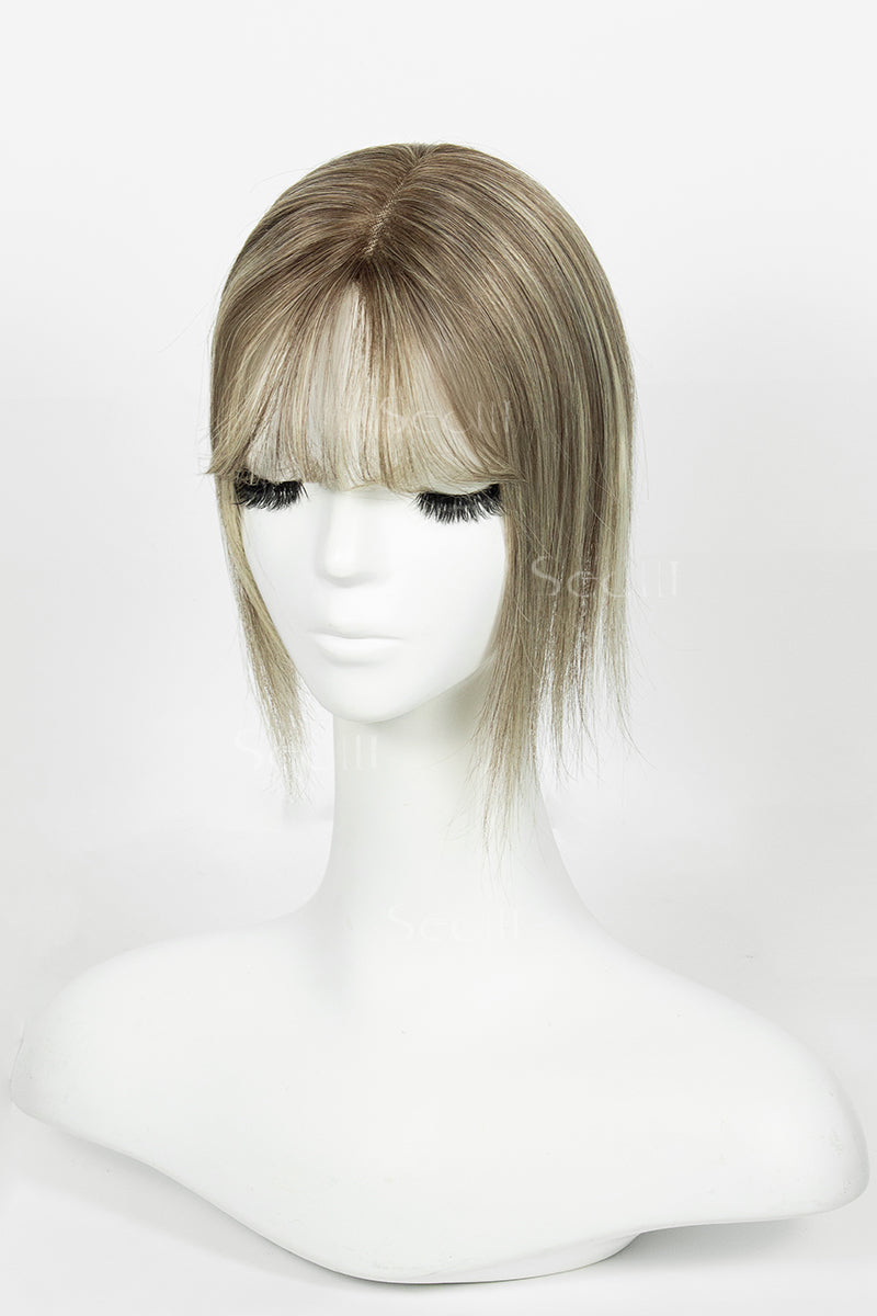 Mona-B Handmade Human Hair Topper with Bangs Brown Blonde with Medium Brown Root