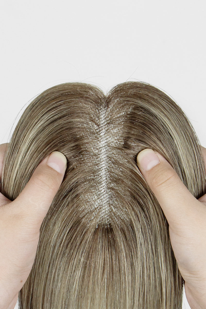 Mona-B Handmade Human Hair Topper with Bangs Brown Blonde with Medium Brown Root