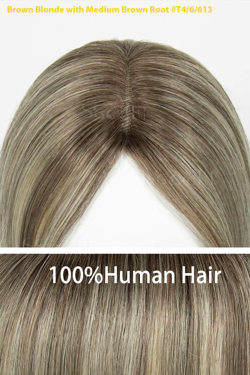 Mona-B Handmade Human Hair Topper with Bangs Brown Blonde with Medium Brown Root