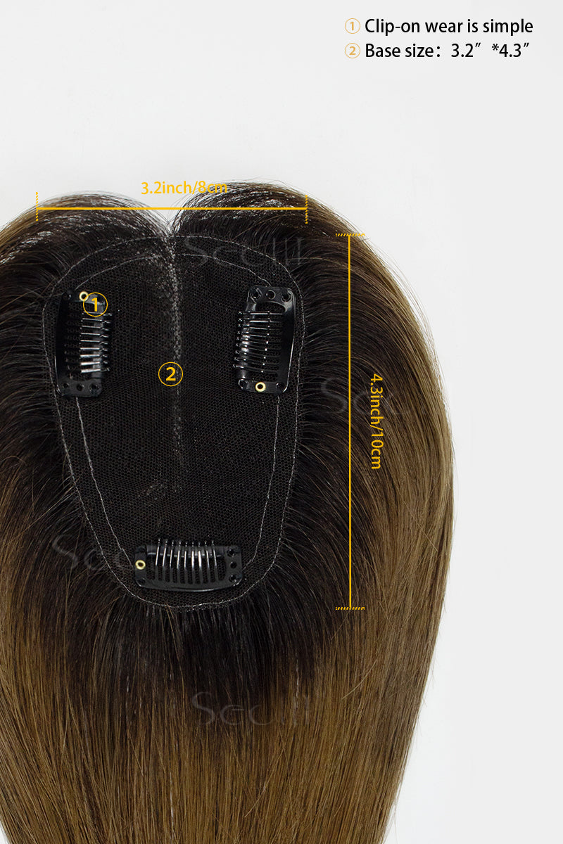 Mona Handmade Human Hair Topper Natural Black Root with Medium Ash Brown