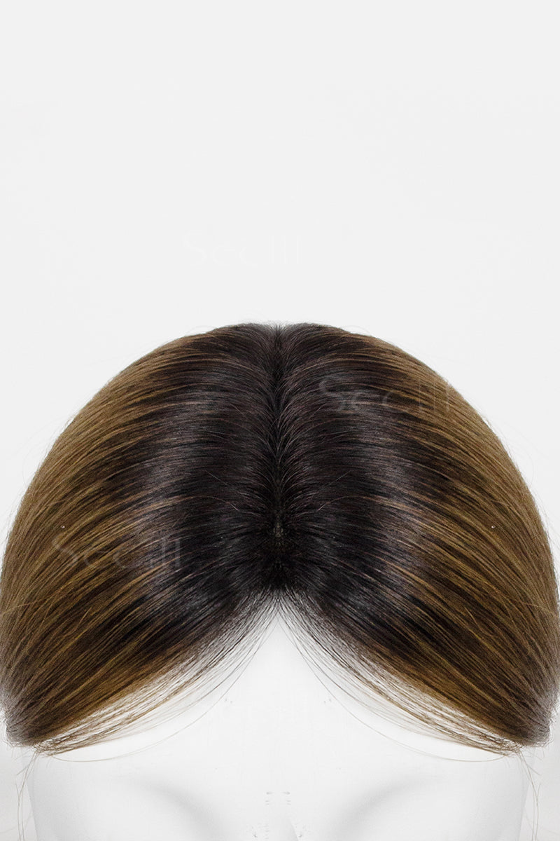 Mona Handmade Human Hair Topper Natural Black Root with Medium Ash Brown
